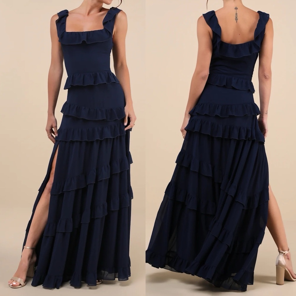 NWOT Compelling Romantic Dark Blue Ruffled Tiered Maxi Dress